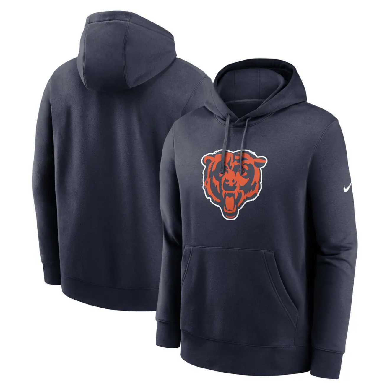 Navy Bears hoodie with a big orange bear head logo, front and back views