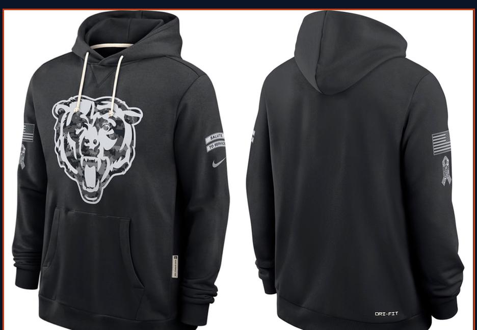 2026 Salute to Service Bears hoodie in black with a camouflage bear head, front and back views
