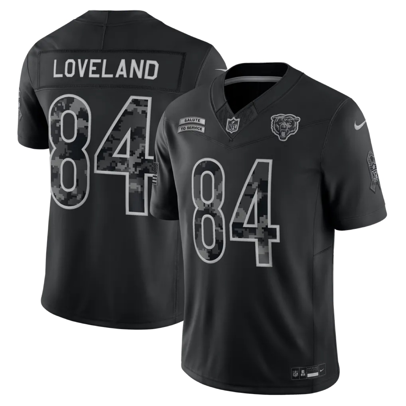 Black Nike Salute to Service Chicago Bears jersey — Loveland number 84 with camouflage inside the numbers, front and back views